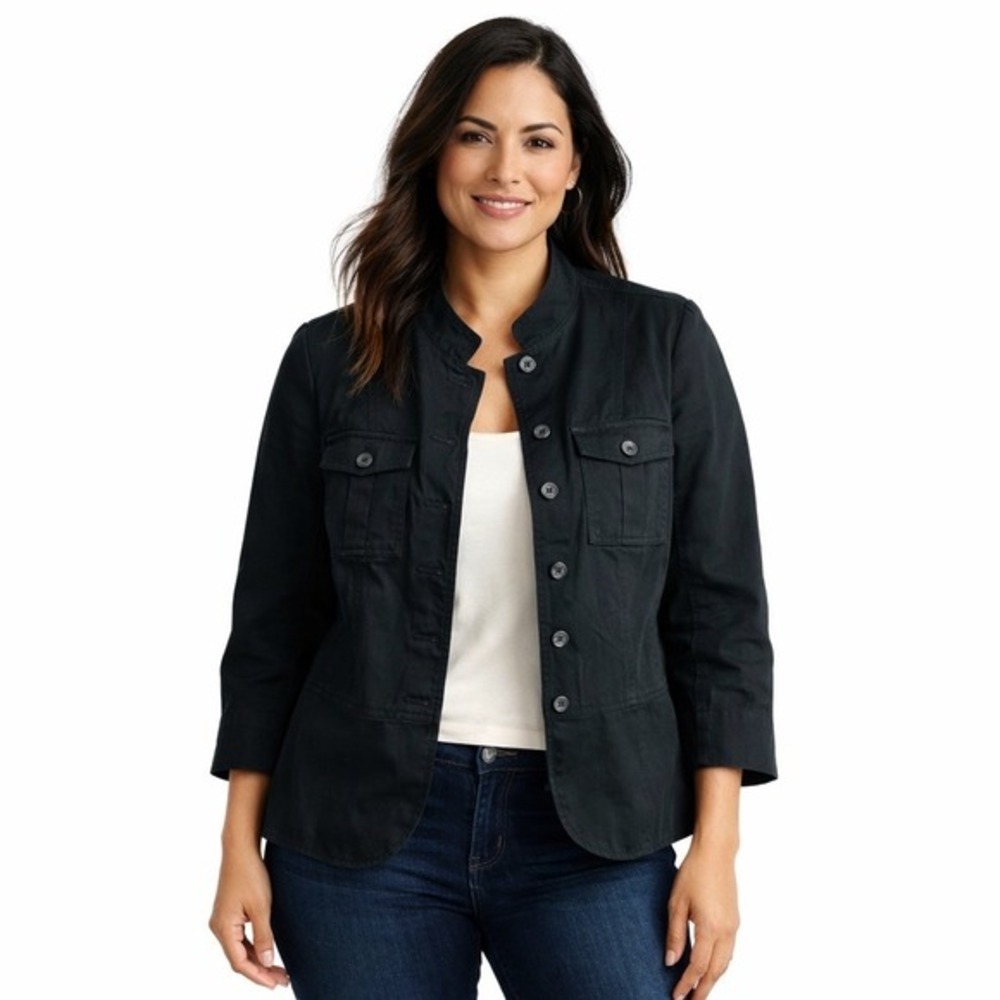 Apostrophe Black Mandarin Collar Utility Jacket 3/4 Sleeve 12 Preppy Chic 58-18